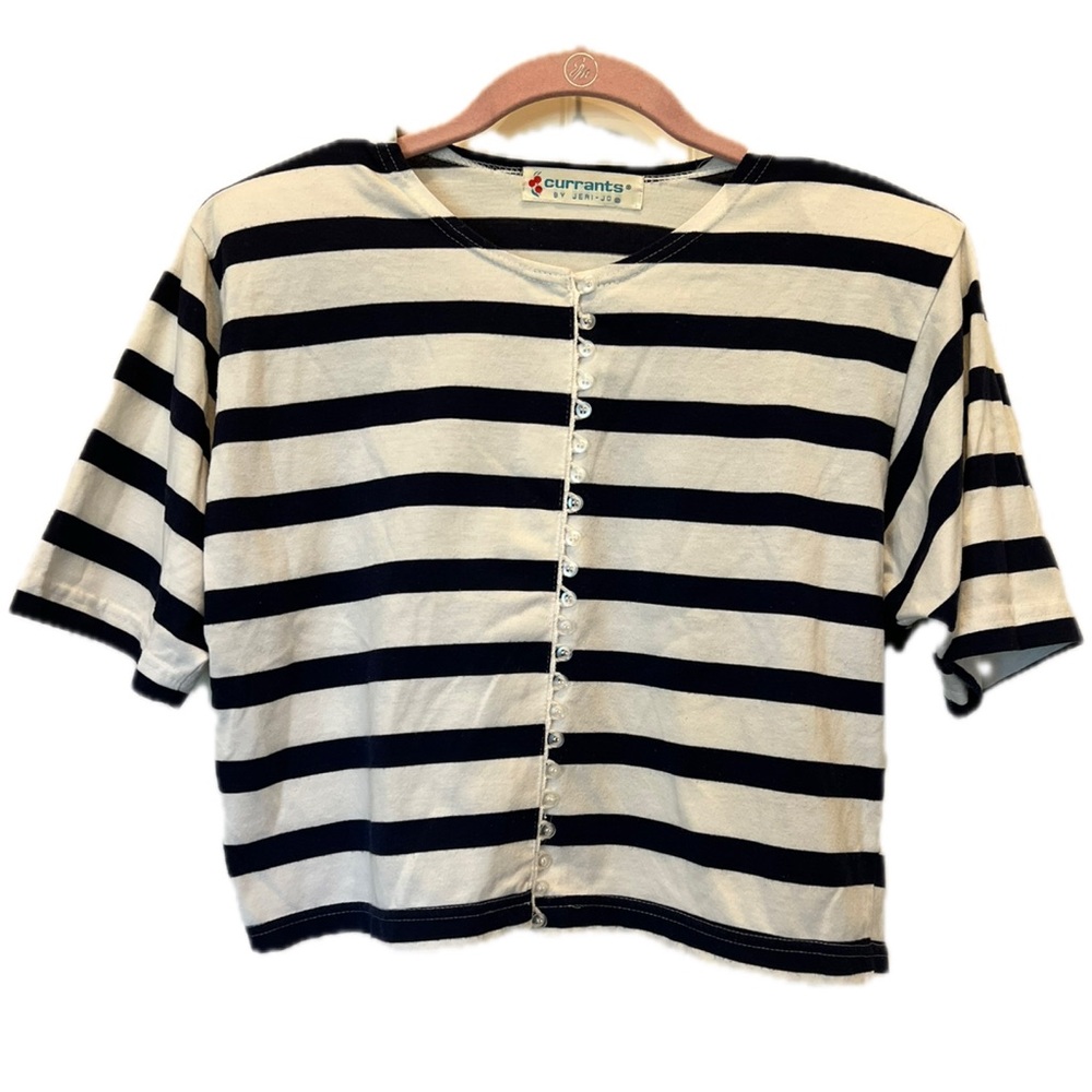 Currants Vintage Navy Striped Button-Up Crop Henley Shoulder Pads Top SZ Small